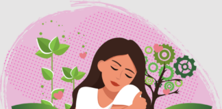 A woman hugs herself