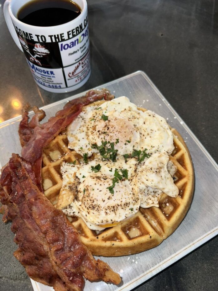 Waffle, bacon and coffee