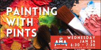 Event's information over paint brushes and palettes with paint on them.