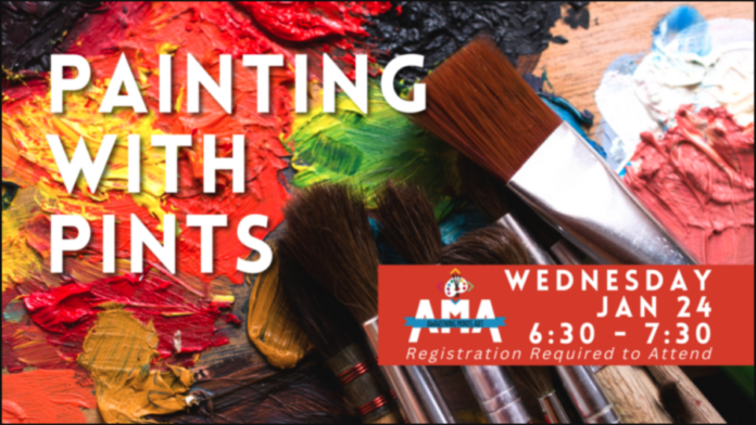 Event's information over paint brushes and palettes with paint on them.