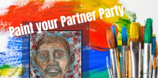 Painted portrait and paint brushes to represent the Paint Your Partner Party.