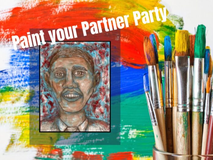 Painted portrait and paint brushes to represent the Paint Your Partner Party.
