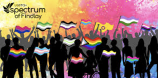 Silhouettes of women and men holding various pride flags with logo.