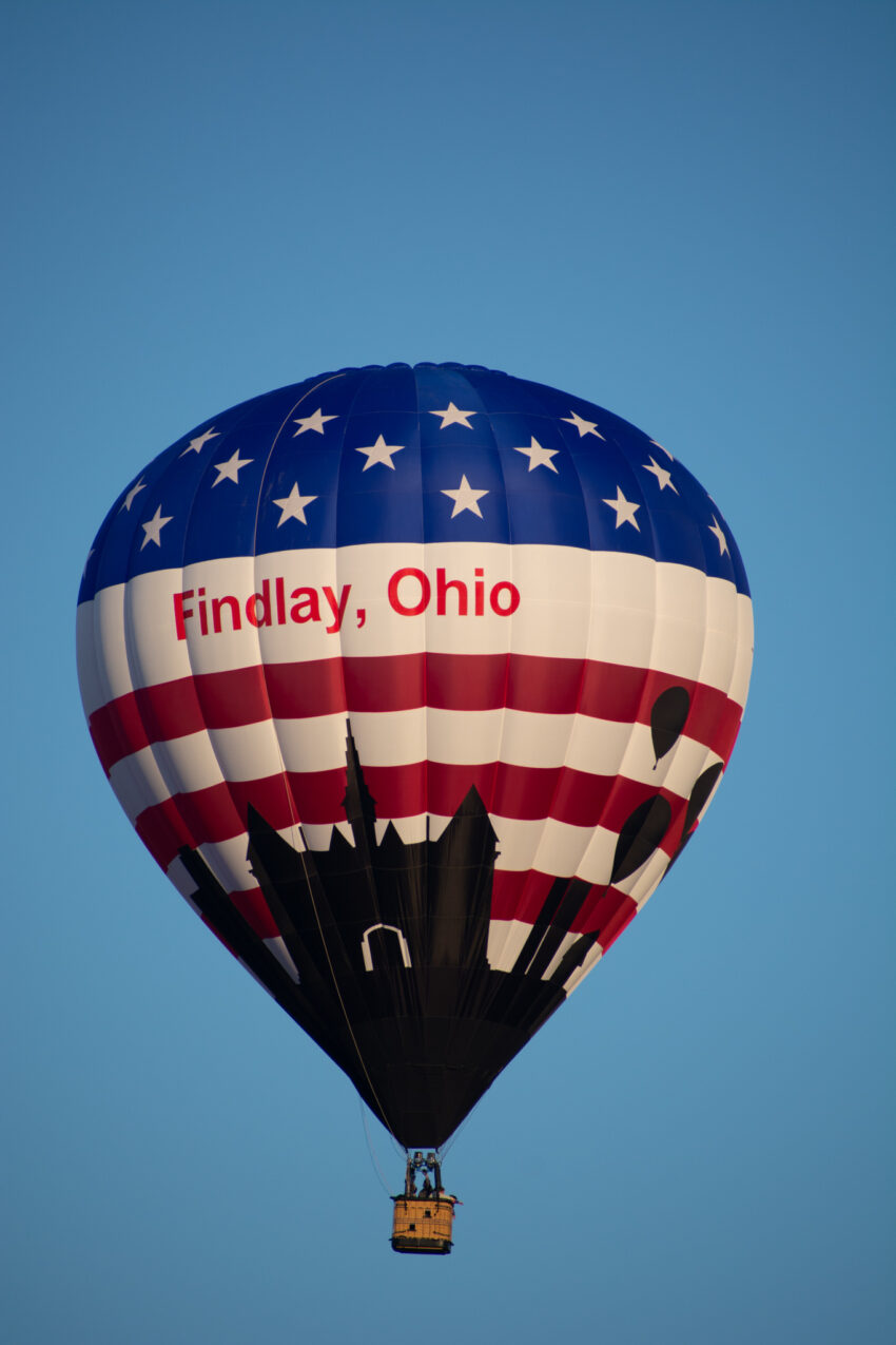 A hot air balloon colored as the American Flag with Findlay, OH on it in the sky.
